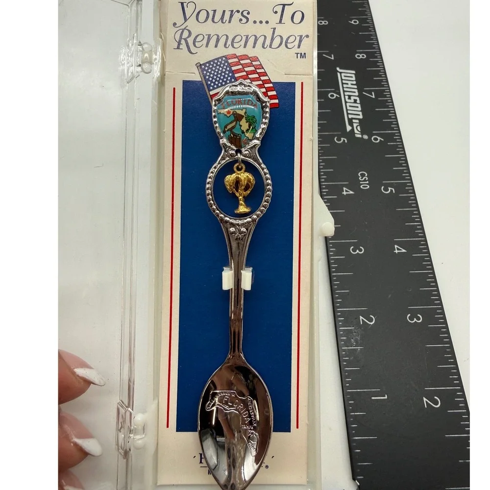 Fort Florida State Souvenir Spoon Silver Tone Enameled Crest‎ Dangle Palm USA